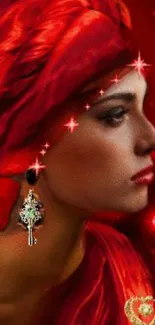 Elegant lady in red with stars and jewelry on a mystical background.