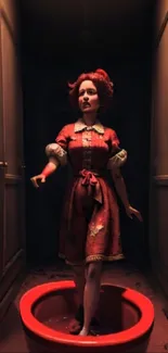 Vintage lady in red dress standing elegantly in a dim hallway setting.