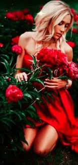 Woman in red dress surrounded by flowers.