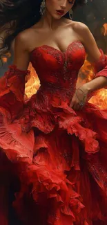 Elegant lady in a red dress with fiery background.