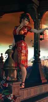 Elegant woman in a red dress on a terrace with orange sky and mountains.