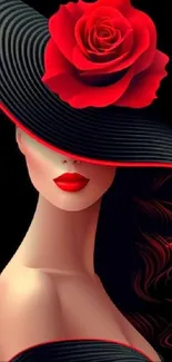 Woman in black hat with red rose, elegant fashion art.