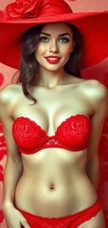 Elegant woman in red hat and attire posing gracefully.