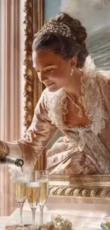 Elegant woman in vintage attire pouring champagne.