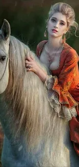 Elegant woman in vintage attire on a gray horse, set against a natural backdrop.