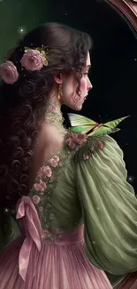 Elegant lady with curly hair, adorned with a butterfly and pink roses.