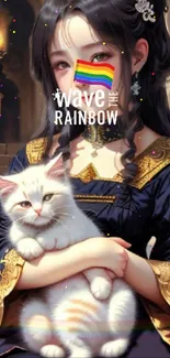 Elegant lady holding a cat with rainbow motif overlay.