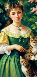 Elegant woman in green dress with two cats in a lush garden art wallpaper.