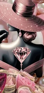 Elegant woman with diamond tattoo and pink hat.