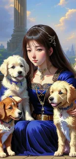 Lady in royal blue dress with three dogs amidst classical architecture.