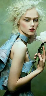 Elegant lady holding a white flower against a green background.