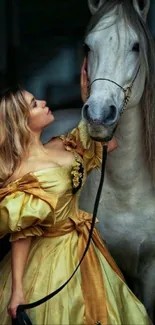 Elegant lady in golden dress with white horse.