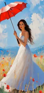 Woman in white dress with red umbrella in flower field.