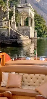 Scenic view of a lakeside retreat with elegant architecture from a boat.