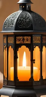 Elegant lantern with glowing candle inside.