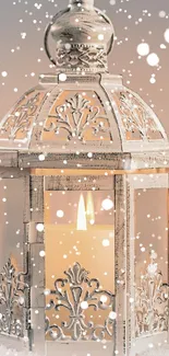 Vintage lantern with candle on snowy, festive background.