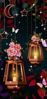 Elegant lanterns with flowers and butterflies on a dark teal background.