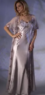 Elegant lavender evening gown with delicate embroidery.