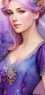 Fantasy art of an elegant woman in lavender hues with floral elements.