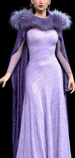 Elegant character in lavender gown with feather collar.