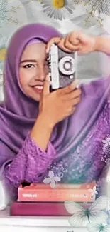 Woman in purple hijab with vintage camera and floral design.