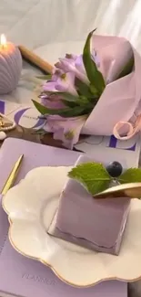 Lavender themed phone wallpaper with flowers and dessert.