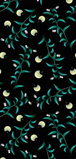 Seamless pattern with teal leaves and yellow moons on a black background.