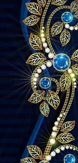 Elegant dark blue wallpaper with golden leaves and blue jewels.