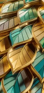 Abstract leaf pattern wallpaper in green and gold.