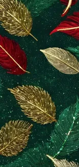 Elegant leaf pattern wallpaper with gold, red, and green hues.