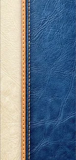 Blue and beige leather texture wallpaper with elegant stitching.