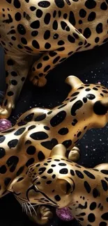 Golden leopard sculptures on black background
