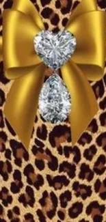 Leopard print wallpaper with golden bow and gemstones.