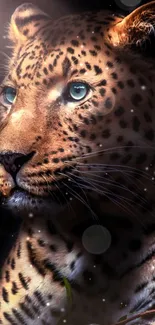 Majestic leopard portrait in dramatic lighting, showcasing elegance.