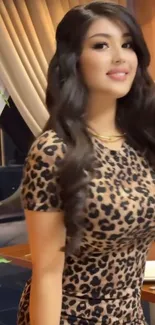 Woman in leopard print dress by a dining table.