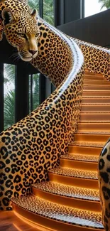 Leopard themed staircase with golden accents.