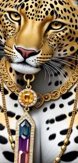 Majestic leopard with gold jewels and vibrant gems in a luxurious design.