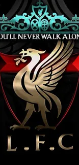 Elegant LFC wallpaper with Liverbird and motto in red, gold, and black.