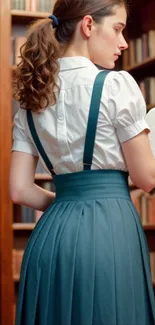 Elegant woman in library setting, wearing teal skirts and white shirt.