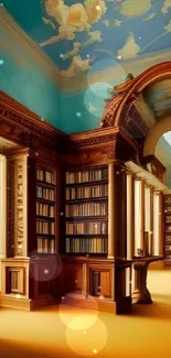 Elegant library interior with bookshelves and artistic ceiling.