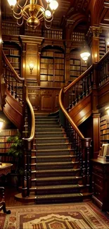 Elegant wooden staircase in classic library setting wallpaper.