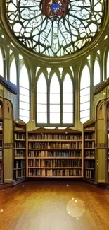 Elegant library interior with stained glass windows and wooden floors.