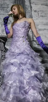 Woman in a lilac gown with elegant setting.