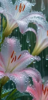 Pink lilies with raindrops on petals.