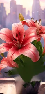 Pink lilies with dew and blurred city background.