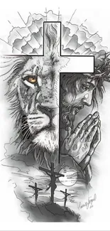 Intricate lion and cross drawing with artistic gray tones.