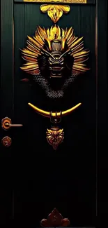 Intricate lion-themed door with gold accents