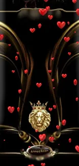 Mobile wallpaper with a crowned lion and red hearts on a black background.