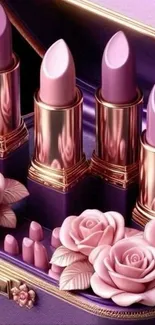 Luxurious lipsticks and pink roses wallpaper design.