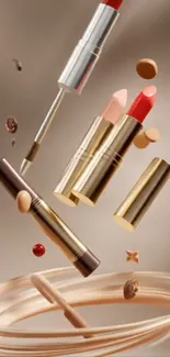 Floating lipsticks and makeup elements with beige background.